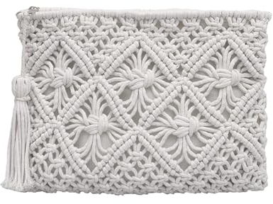 CECOMBINE White Women Handmade Clutch Purse, Summer Beach Straw Bag Beach Shoulder Bag with Zipper, Woven Handbag Mobile Phone Bag