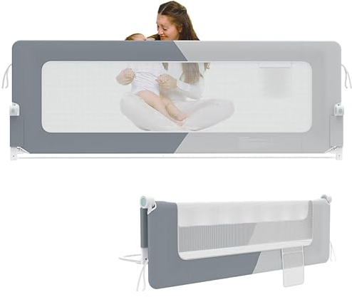 AufuN Bettgitter Bettschuztgitter Portable 200cm, Faltbar Kinderbettgitter für Kinder Babybettgitter Klappbar, Tragbar, Rausfallschutz Bett für Babys und Kinder im Elternbett, Melange grau