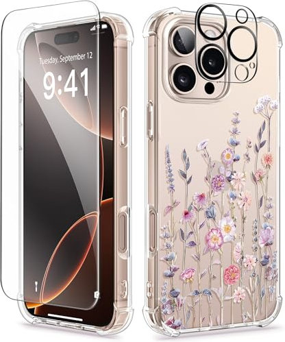 GVIEWIN Compatible with iPhone 16 Pro Case 2024,[Camera Control Button]with Screen &Camera Lens Protectors Clear Shockproof Drop Protection Anti-scratch Floral Cover for Women Girl,Floratopia/Colorful