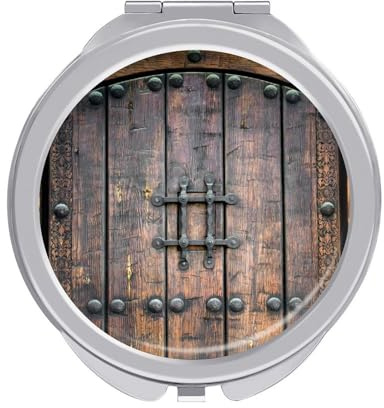 Ancient Wooden Door Vintage Retro Brown Wood Door Folding Make Up Mirror, Compact 2X/1X Magnification Mirror, Women Portable Travel Makeup Mirror 2.4 x 2.4 inch