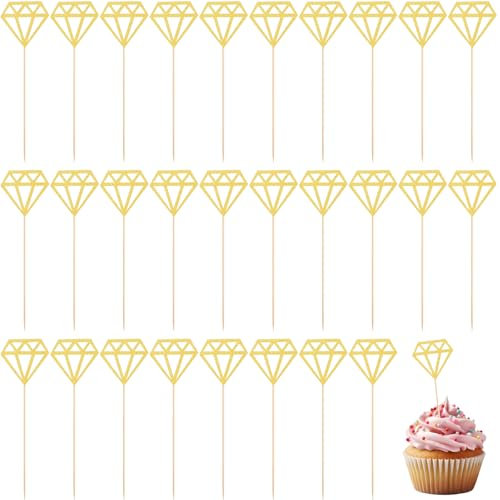 Jeffdad 50 Pack Diamond Ring Cake Toppers Glitter Diamond Wedding Ring Cupcake Picks for Wedding Engagement Anniversary Valentines Party Decorations(Gold)