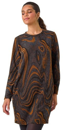 Roman Originals Spot Print Zip Pocket Jersey Dress for Women UK - Ladies Everyday Holiday Autumn Winter Round Neck 3/4 Sleeves Comfy Soft Evening Vacation Work Party Shift - Tan Black - Size 18