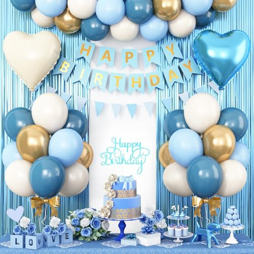 Geburtstagsdeko Blau Beige Gold Luftballons Geburtstag Dekoration Set mit Happy Birthday Girlande Cake Topper Lametta Vorhang Baby Shower Mann Jungen Geburtstag Party Deko