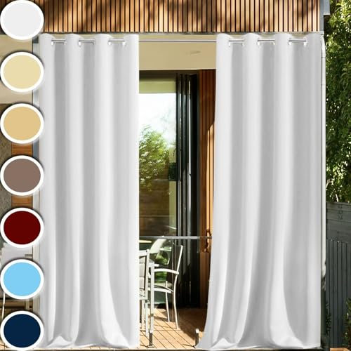 HUAXIQUE Outdoor Vorhang Weiß Wasserdicht 1 Stück Auf Maß Extra Breit Blickdicht Windschutz Balkon Gardinen Für Draußen Terrasse Balkone Pergola Pool Hof 132x213cm