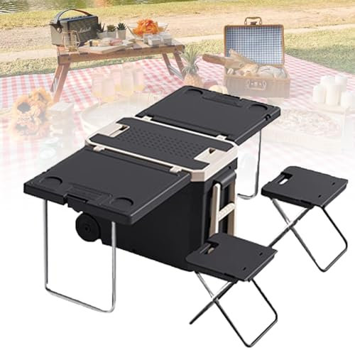 Rollender Kühler und zusammenklappbarer Mehrzweckwagen mit Tisch und Stühlen für Picknick, Camping, Outdoor – multifunktional, kein Strom, tragbar und faltbar für Auto-Camping