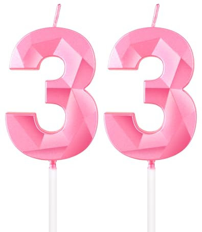 Velas de 33 cumpleaños color rosa, vela 3D número 33 para pastel, decoraciones de cumpleaños 33 para Niña Mujeres, decoración de zafiro azul para decoración de pastel para fiesta de