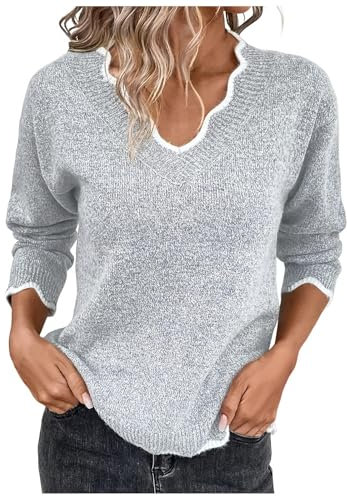 Sonnena Jersey Mujer de Punto con Cuello de Pico y en V, Manga Larga, Color Gris, Mezcla de Lana, Suéter Mujer Invierno y Otoño