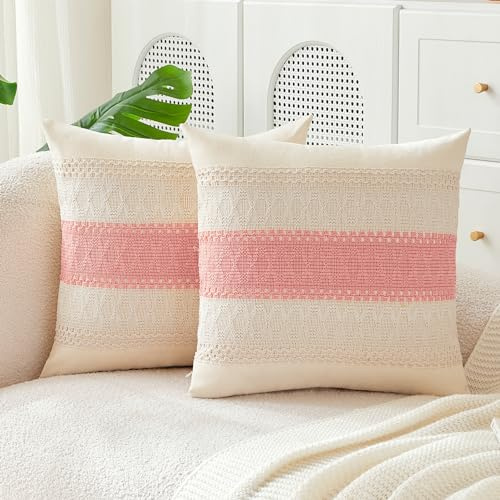 JELLYMONI Kissenbezüge Boho 55x55cm 2er Set Rosa Kissenhülle Gestreift Polyester Zierkissenbezüge mit Reißverschluss Dekokissen Sofakissenbezug Wurfkissenbezug für Sofa Wohnzimmer (KEIN Einsatz)