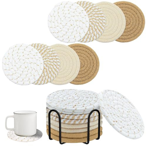 elook Drink Coasters Set of 8 - Cup Coasters with Holder, Reusable Dining Table Setting Round Placemats, Handmade Braided Fabric Coasters for Various Cups, Tables & Home Decor - 4.3 '' / Yellow