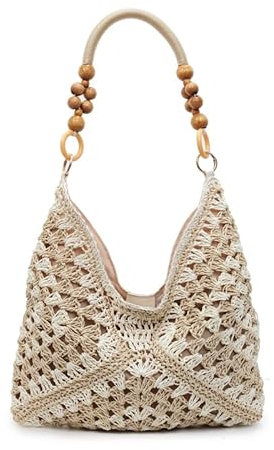 Women's Woven Tote Bag, Straw Shoulder Handbag, Trendy Large Crossbody Purse, Casual Summer Boho Beach Accessory (Beige & White)