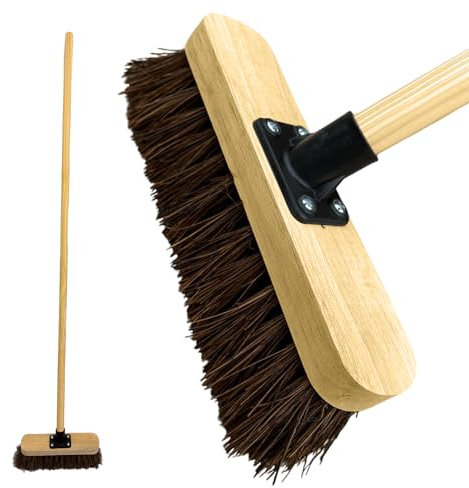 LS 10” Outdoor Garden Broom Heavy Duty Yard Brush with Wooden Handle Natural Stiff Bassine Bristles & Metal Support Bracket Outdoor Cleaning & Sweeping (PACK OF 1, 10 Stiff Natural Bassine Bristles)