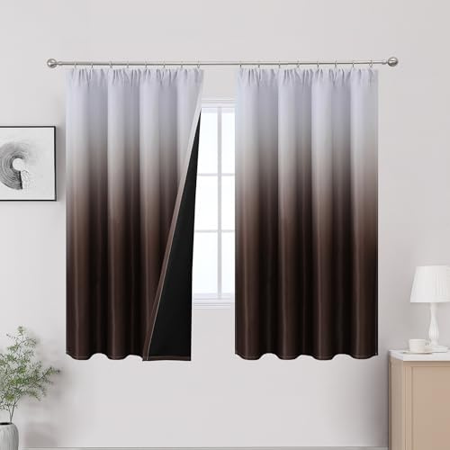 VEHEDE Thermoisolierte Ombre-Vorhänge für Schlafzimmer, Geräuschreduzierung, Farbverlauf, braune und weiße Vorhänge mit Bleistiftfalten, Verdunkelungsvorhang, 2 Paneele, B 132 x L 160 cm