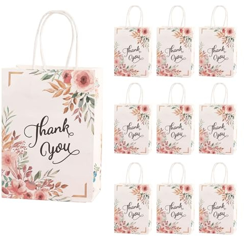 Auriselle 10 pezzi 15 * 21 * 8 cm Rose Thankyou Glückskraut Sacchetti di carta kraft Fiori Bomboniere Matrimonio e molto altro per dolciumi con manici Party Feste Compleanno Halloween Natale, Rosa