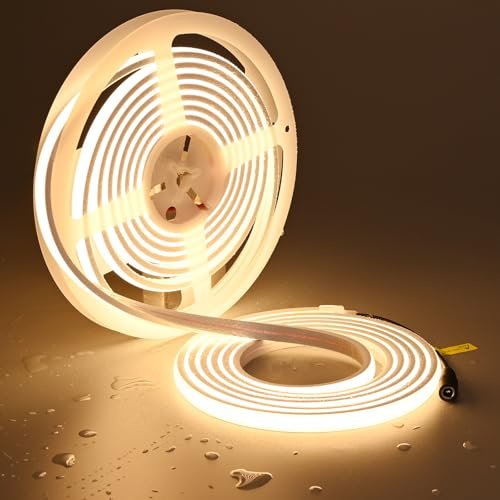 TOPAI 24V COB Neon LED Streifen 5M Flex Silikon 3000K Warmweiß 480LED/M | 10mm Breite, CRI 92+, 1200Lm/M, Selbstklebend, Schneidbar, IP67 Wasserdicht für Innenhof, Außenwände, Terrasse