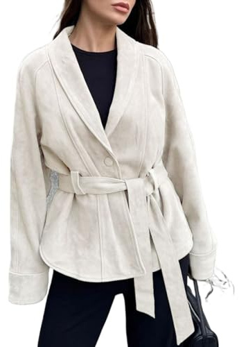 Yancremio Klassische Damenjacke Aus Wildleder Mit Revers Und Knöpfen Im Retro Stil Und Langen Ärmeln Eleganter Business Casual Kurzmantel Mit Gürtel Für Frühling Und Herbst