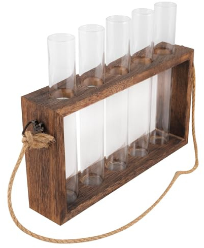 SUPVOX Wooden Stand Glass Test Tube Vase Terrarium Kit for Hydroponic Plants Home Decor with Flax Rope Rustic Planter for Office and Living Wall Hanging Plant Display
