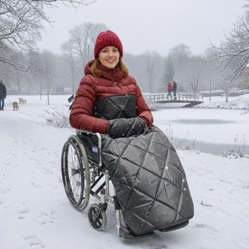 Rollstuhldecke für Erwachsene, warme Rollstuhl Decke für Rollstuhlfahrer mit Fußteil, außen regenabweisendes Material, innen weiches Lammfell-Fleece, wind- & wasserabweisende Beindecke in Schwarz