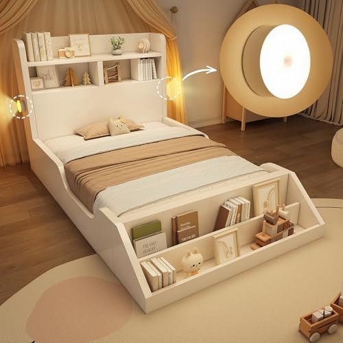 HaoChrymec Holzbett Einzelbett 90x200 cm, Jugendbett/Kinderbett mit Ablageflächen, Nachtlichtern, abnehmbarem Bücherregal, Lattenrost, weiße Oberfläche, ohne Matratze