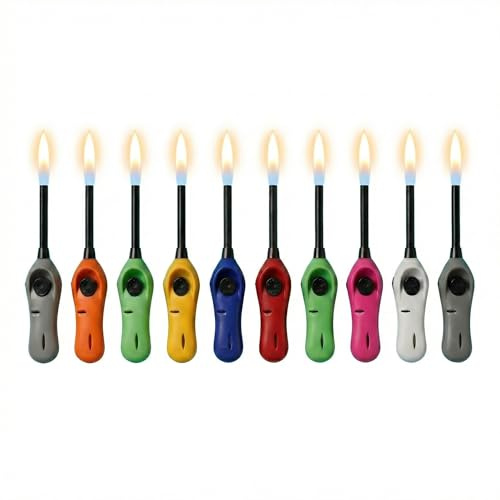 TOM Stabfeuerzeug Set 10 Stück nachfüllbar 21,8 cm | Langes Gasfeuerzeug und Kerzenanzünder, elektronisches Zündsystem, Soft Flame, für Kerzen, Grill und Kamin