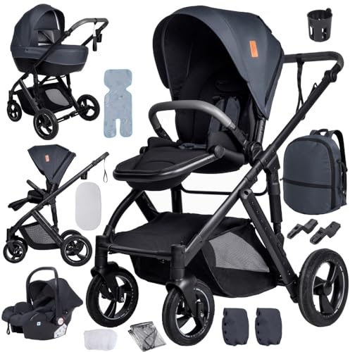 4 in 1 Kinderwagen Grau, Aluminiumrahmen, höhenverstellbarer Griff | Weiche Polsterung für erholsamen Schlaf. Stabiler Aluminiumrahmen und flexibler Schiebegriff