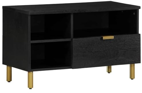 QJBSAVVA Mobile TV nero, 80 x 33 x 46 cm, mobile basso in legno massello di mango con maniglie in metallo, piccolo mobile TV per soggiorno e camera da letto