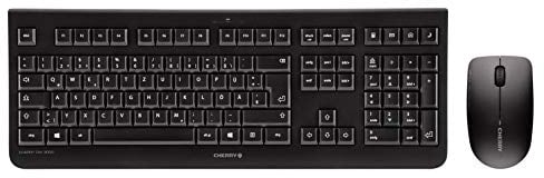 CHERRY DW 3000, Wireless Desktop Set, UK Layout (QWERTY), 2.4 GHz RF, Flat Design, Low-Noise Keys, Symmetrical Mouse, Black