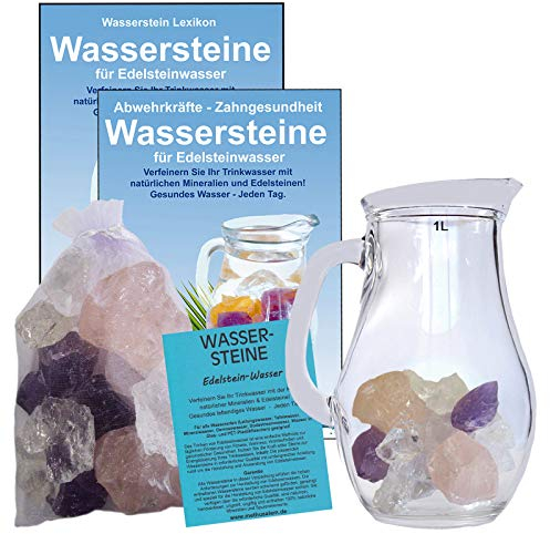 Wassersteine EDELSTEINWASSER Set 300g EDELSTEINE GRUNDMISCHUNG zum WASSER energetisieren + 1,0 L Glaskrug Karaffe. 5-tlg SET zur Wasseraufbereitung. Mit TÄSCHCHEN & ANLEITUNG. 90031-2