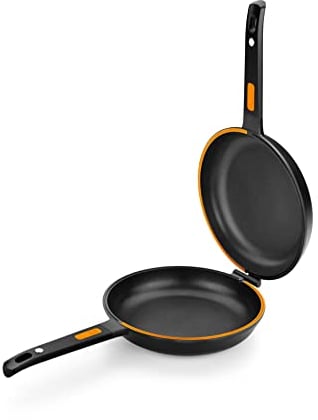 BRA Efficient Duo Padella doppia 20 cm per tortille, alluminio pressofuso con antiaderente, senza PFOA, adatte a tutti i tipi di piani cottura inclusa induzione, Nera/Arancione