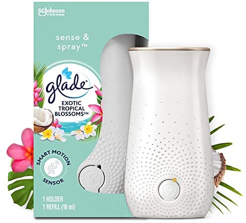 Glade Sense & Spray Air Freshener Holder and Refills, Motion Activated Automatic Odour Eliminator for Home, Tropical Blossoms, Pack of 4 Starter Kits, (4 x Holder and 4 x 10 ml Refill)