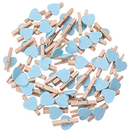 Toddmomy 50 PièCes Mini Pinces à Linge en Bois Bleu, Clips Coeur pour Photos, Cartes, DéCorations Maison, Scrapbooking, 3x1.8x0.4cm