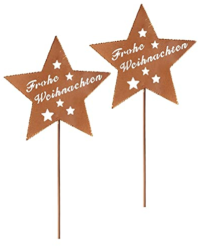 Dragimex weihnachtlicher Garten-Stecker Stern Frohe Weihnachten Metall rostfarben mit etwas Goldglitzer im 2-er Set (2 x mittel)