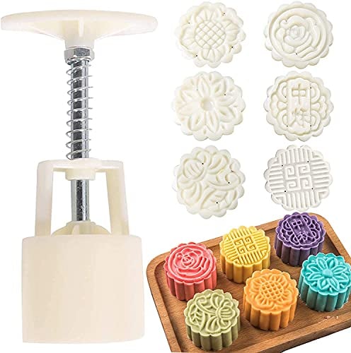 Mooncake Press Molds, Mid-Autumn Festival Mooncake Mould Maker Cookie Stamps Pastry Tool Mooncake Mold Set of 1.76 oz Flower Moon Cake Mold with 6 Stamps (White)