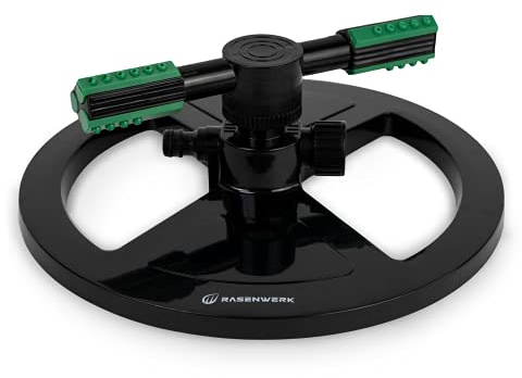RASENWERK® - Kreisregner - Sprinkler Zweiarmig - 360 Grad Rasen Sprenger Rasensprenger - Zur Bewässerung im Garten - Für große und kleine Wiesen Flächen