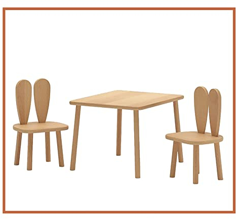 Nordville Rechteckige Kinder Sitzgruppe Häschen Rückenlehne Buchenholz Kinderzimmer Spielzimmer Schlafzimmer - Set 2 Kinderstühle Junge Mädchen + Tisch (Hase, Holz)