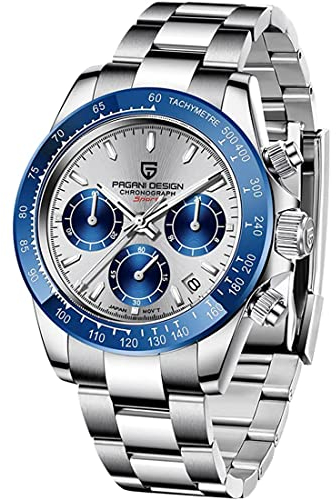 RollsTimi Pagani DesignHerren-Multifunktions-Sportuhr Quarz-Chronograph Uhrwerk Japan VK63 Edelstahlarmband Wasserdicht 100M (Alle silber-blau-1664)