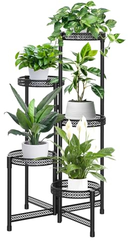 JC-Houser 5 Tier Metal Plant Stand Indoor Outdoor, Foldable Corner Tall Plant Stands for Plants Multiple, Tiered Plant Shelf Flower Pot Holder Display Rack for Patio Garden Balcony Living Room