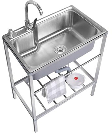 Professionnel Évier De Jardin Extérieur, Évier Inox 1 Bac, Ensemble De Cuisine Commercial Avec Robinet Et Tuyau, Pour Buanderie, Garage, Restaurant (Color