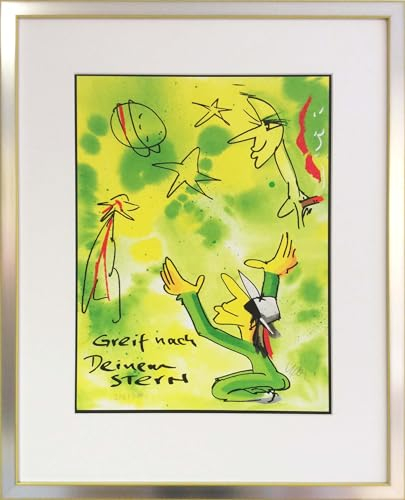 Greif nach deinem Stern (Holzrahmen gelb-silber) - Udo Lindenberg Bild - handsignierte Auflage original Grafik im silberfarbenem Rahmen hinter Museumsglas. Likörell. Siebdruck.