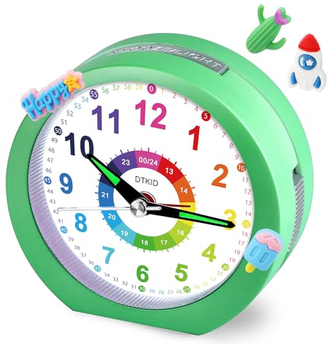 DTKID Wecker Kinder, Kinderwecker Ohne Ticken mit Snooze und Nachtlicht, Analoger Wecker für Jungen und Mädchen, Lernwecker Kinder, Batteriebetrieben