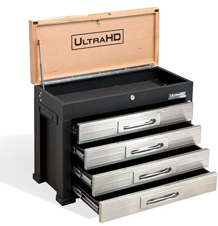 Garden Store Direct Seville HD 4 Drawer Heavy Duty Timber Top Tool Box Garage Storage, Tool Chest w/Lockable Compartments