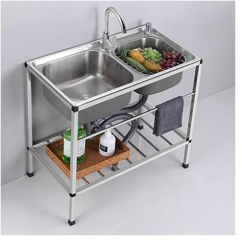Juego de fregadero de acero inoxidable de doble tazón con grifo, compartimento independiente, mesa de preparación de fregadero de cocina comercial para un flujo de trabajo eficiente