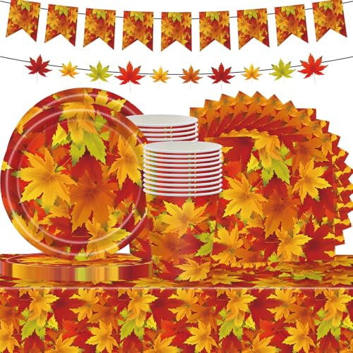 Otoño Cumpleaños Fiesta de Cosecha Decoraciones de Mesa, Vajilla de Fiesta de Acción de Gracias, Mantel Grande, Platos de Pappteller-9, Tazas, Servilletas, Hoja de Arce, Juego de Cubiertos, para 20