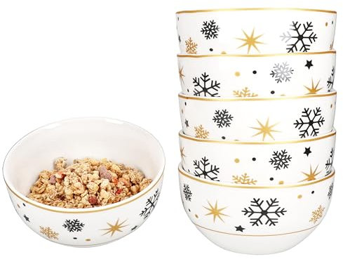 MamboCat 6er Set Stars schwarz & gold Müsli-Schale I 450ml I 6 Personen I Steingut-Schüssel mit Sternen & Schneeflocken für Salat, Kekse & Co. an Weihnachten