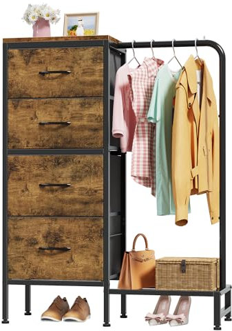 OYRREU 111cm Hoch Kommode mit 4 Stoff Schubladen, Kleine Komodenschrank mit Kleiderstange, Kommode für Schlafzimmer Wohnzimmer Kinderzimmer Hallway Dielen, Geschenk, Rustikales Holz