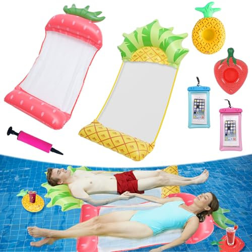 Luftmatratze Pool Zubehör Spaß, 2 luftmatratze Wasserhängematte mit 2 Aufblasbares Getränkehalter 2 wasserdichte Tasche 1 Aufblasbarer Schlauch 4 in 1 Aasserhängematte mit Netz Erwachsene und Kinder