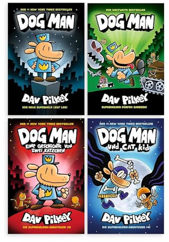 Dog Man Bücher Set Band 1-4 von Dav Pilkey – 4 Comic-Bände für Kinder: Die Abenteuer von Dog Man, Von der Leine gelassen, Zwei Kätzchen, Dog Man & Cat Kid – lustige Kinderbücher inkl. Lesezeichen