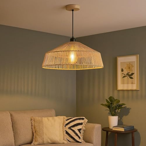 TEKHOME Lampadario a Sospensione in Stile Boho 40/50cm, Paralume in Rattan/Filo di Corda, Attacco E27, Altezza Regolabile, Illuminazione per Cucina Soggiorno Sala da Pranzo – Naturale LP-48 (S 40CM)