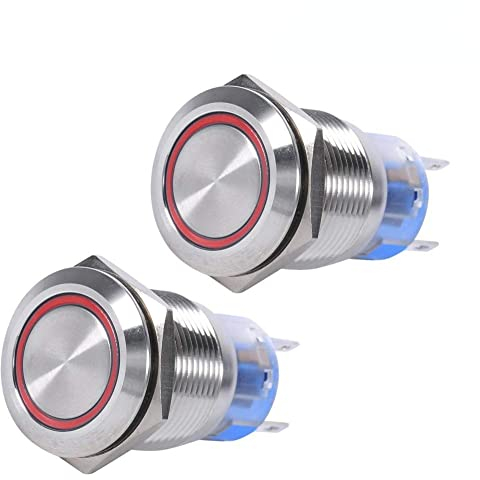 Keenso 19mm 12V-24V Wasserdicht Edelstahl Verriegelung LED Power Druckschalter Ein/Aus Latch Taste Schalter 1NO1NC (2 Stk. Rot)