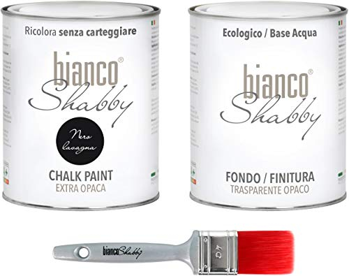 CHALK PAINT Nero Lavagna & FINITURA + PENNELLO - Pittura Shabby Chic EXTRA OPACA (1 Litro) + Finitura Trasparente Opaco (1 Litro) + 1 Pennello Pro 40 mm