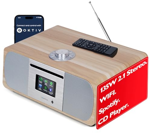 Internet Radio with CD Player, 2.1 Stereo System with Inbuilt Subwoofer, DAB+ Radio, Spotify HIFI, Bluetooth, FM Radio, Acoustic Wood Cabinet, 70 Presets, Headphone Jack, Lemega M5P - White Oak